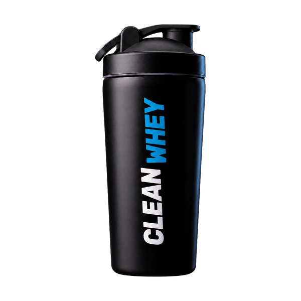 Clean Whey black stainless-steel protein shaker front view