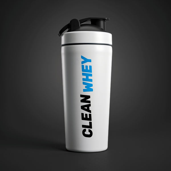 A white shaker bottle with a black lid and a vertical 'CLEAN WHEY' logo printed on the front, set on a textured gray surface against a light gray background.