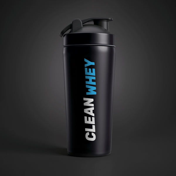 Clean Whey black stainless-steel protein shaker front view
