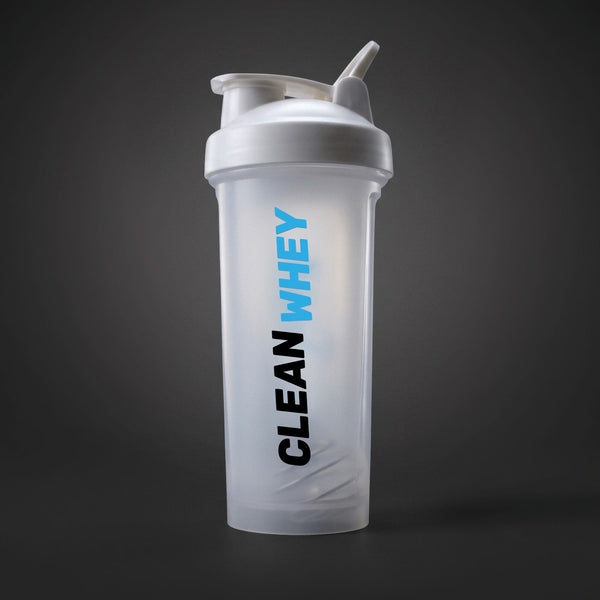 A translucent white shaker bottle with a white lid and straw, featuring the vertical text 'CLEAN WHEY' in black and blue, set against a soft gray gradient background.