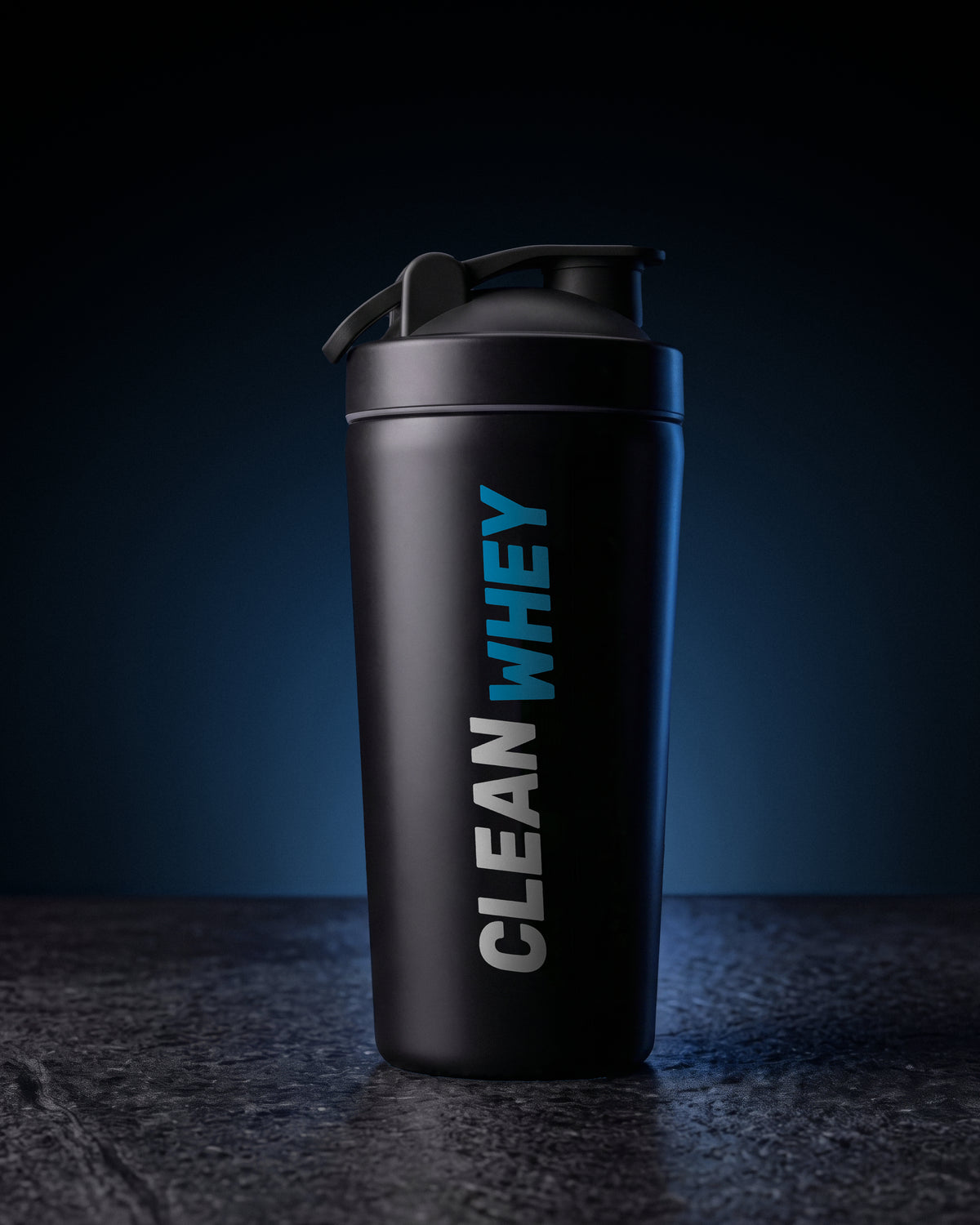 Clean Whey black stainless-steel protein shaker front view