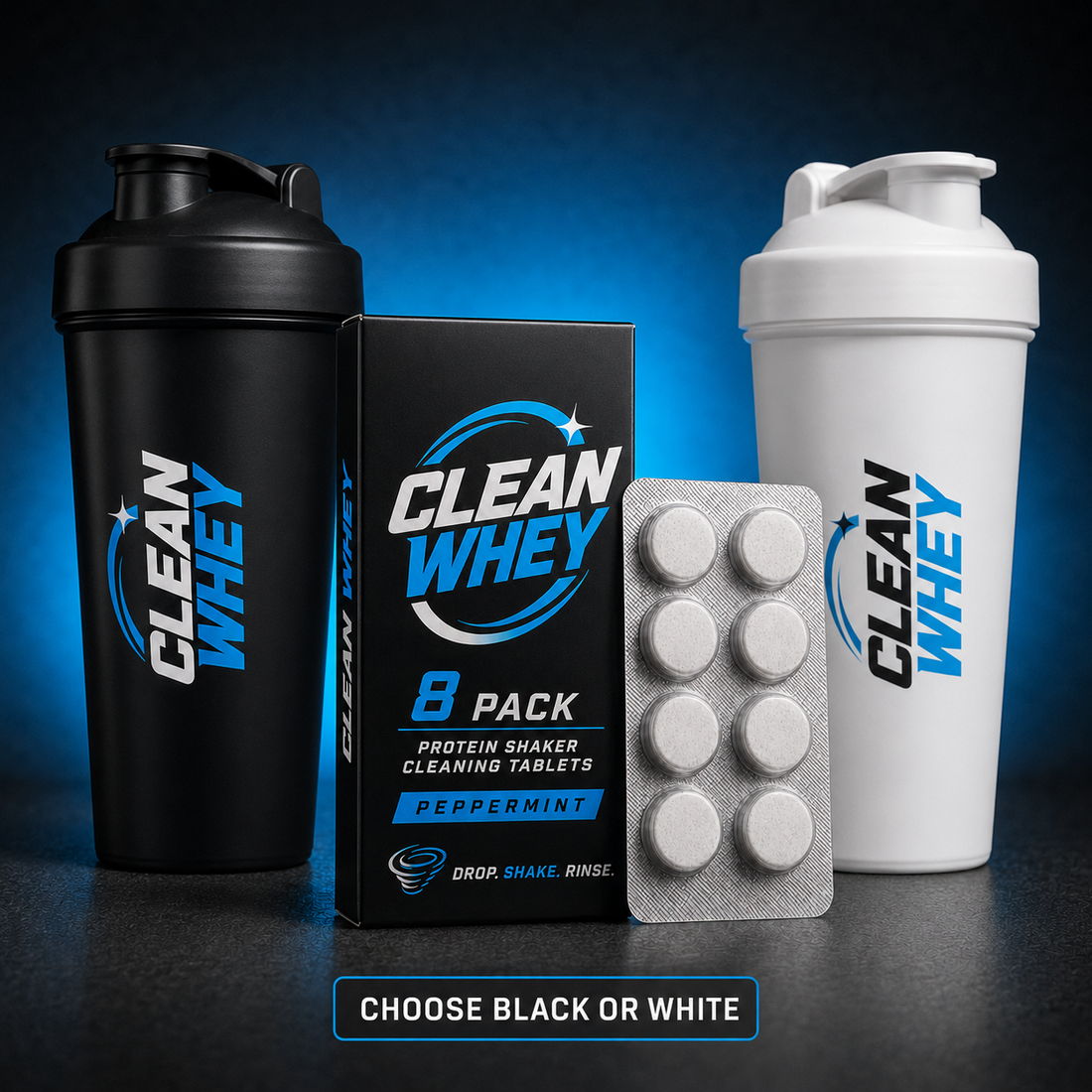 A Clean Whey Protocol kit — shaker and cleaning tablets