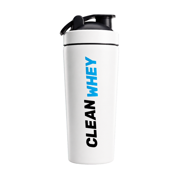 A white shaker bottle with a black lid and a vertical 'CLEAN WHEY' logo printed on the front, set on a textured gray surface against a light gray background.
