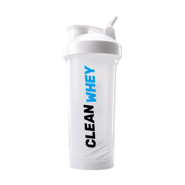 A translucent white shaker bottle with a white lid and straw, featuring the vertical text 'CLEAN WHEY' in black and blue, set against a soft gray gradient background.