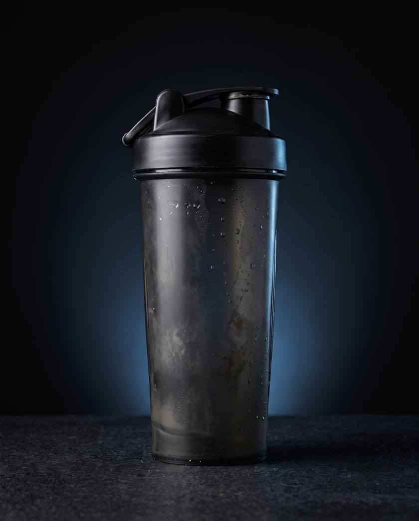 Shaker before cleaning — cloudy protein residue inside the cup