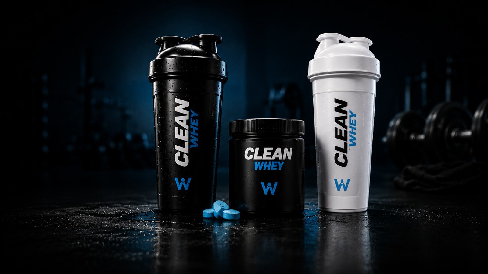 Clean Whey shakers, tablet tub and blue cleaning tablets on a gym floor