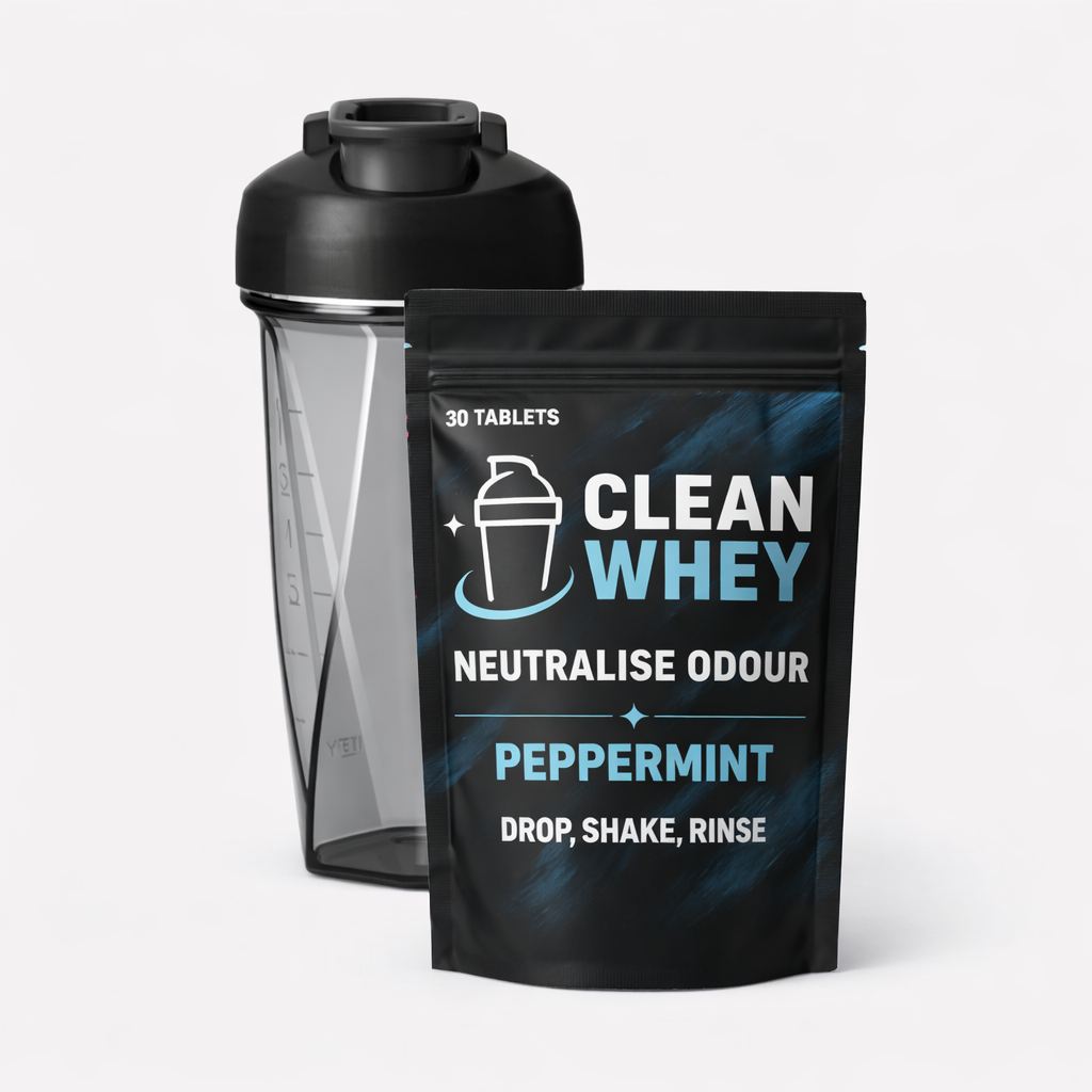 The Protocol Kit — Clean Whey cleaner pouch beside a black shaker